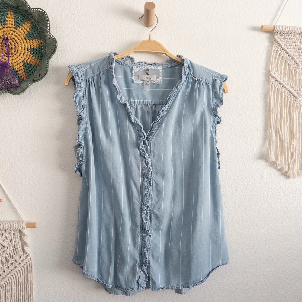 Cupio Light Blue Chambray Ruffle Striped Casual Button Down Shirt Size Medium